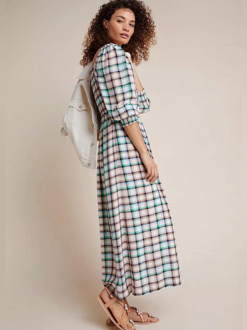 Anthropologie Maeve Cerie Smocked Midi Dress Boho Plaid Green Pockets S - Picture 5 of 5